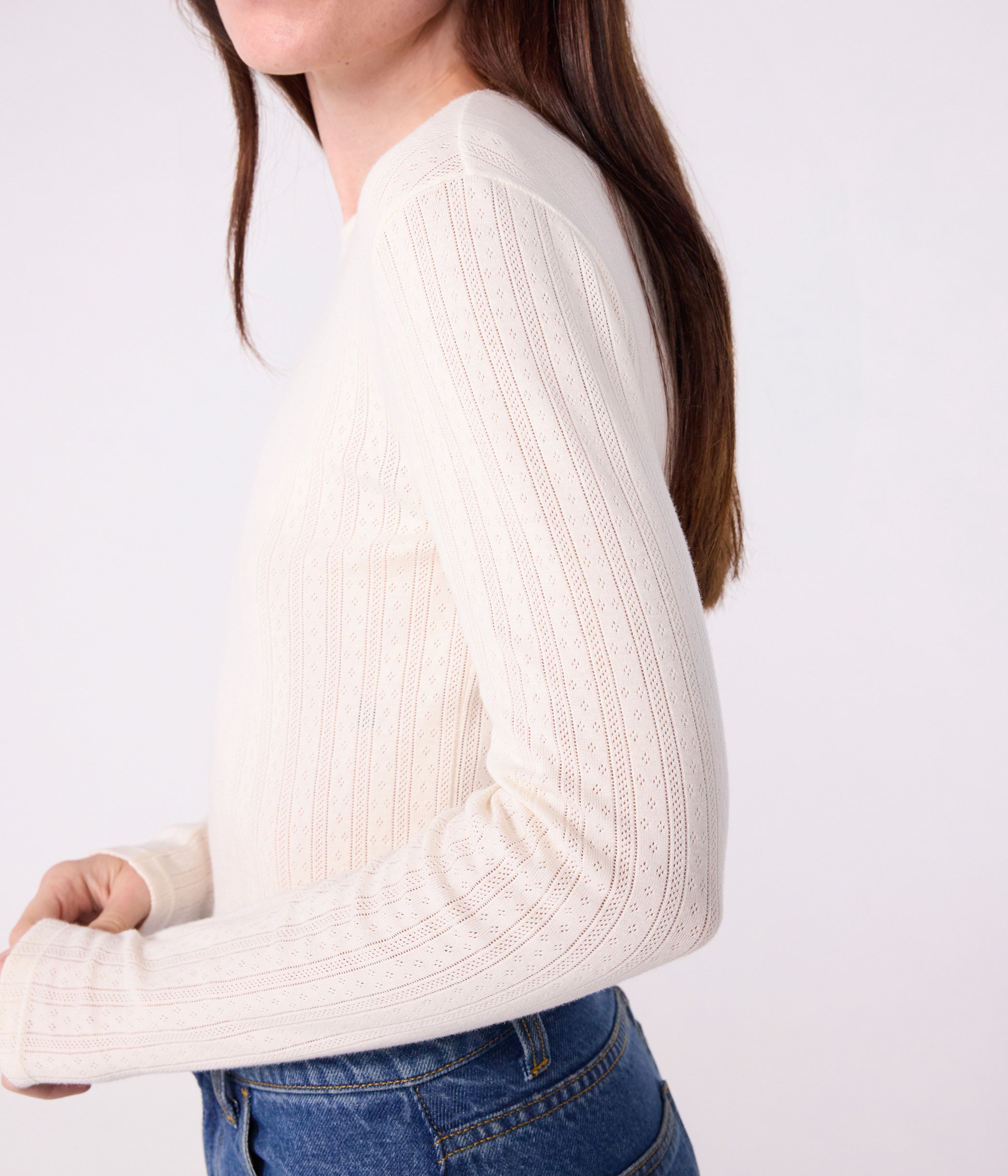 Petit Bateau LS tee med hulmønster ecru