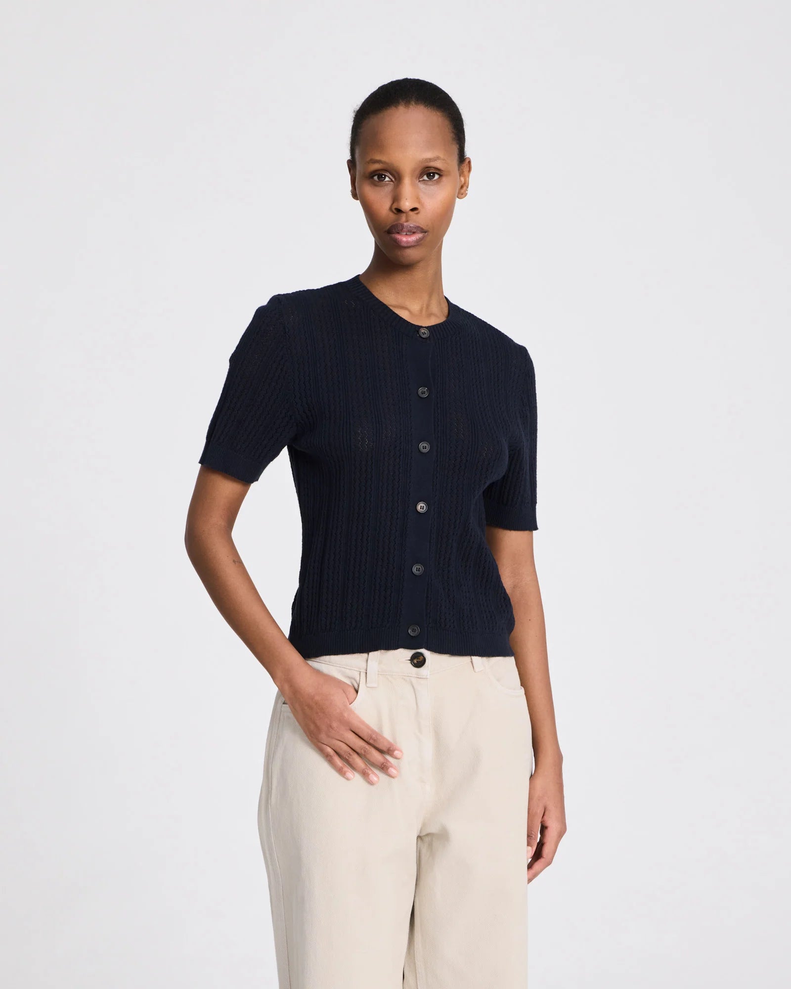 Gai+Lisva Delia ss cardigan cotton pointelle midnight blue